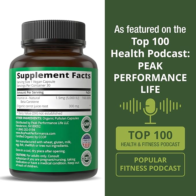 Certified Organic Vitamin A 5000 IU Supplement Capsules - High Potency Vitamins - for Adults Men Women Kids - Made with Carrot Juice - Great for Immune Skin Eye Support - Non GMO Vegan Pills