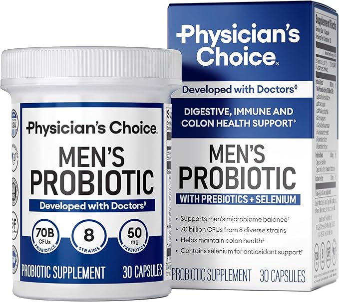 Physician's Choice Probiotics for Men - 70 Billion CFU - 8 Strains - w/Selenium &amp Organic Prebiotics - Supports Digestive Health Microbiome Colon &amp Immune Health - Advanced Men's Probiotic