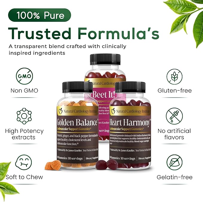 Natural Cardiology Institute 1-2-3 Pressure Down Trio Bundle – Doctor-Formulated Cardiovascular Support System with Just Beet It! Golden Balance &amp Heart Harmony Gummies