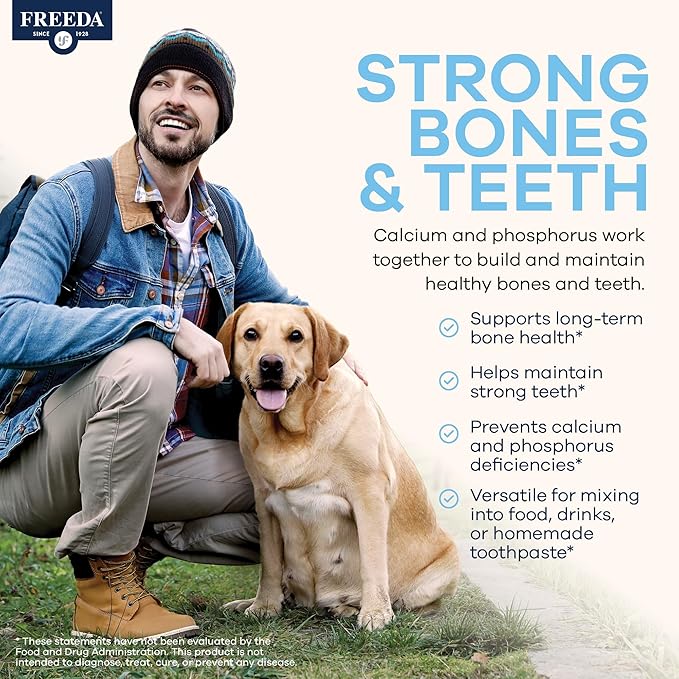 Freeda Calcium Phosphate Powder – Kosher Mineral Supplement for Bone &amp Joint Health in Men Women Dogs &amp Cats – Bone Strength Powder with Calcium and Phosphorus – No Vitamin D – Made in USA