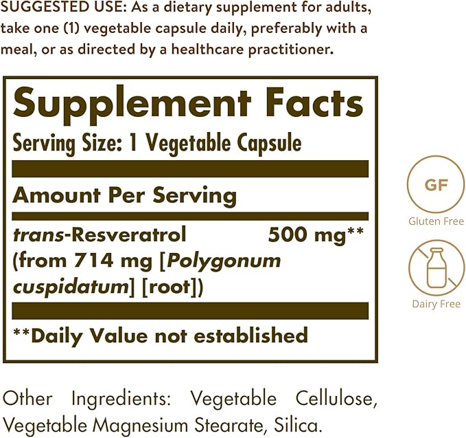 Solgar Resveratrol 500 mg 30 Vegetable Capsules - Antioxidant Protection - Gluten Free Dairy Free - 30 Servings