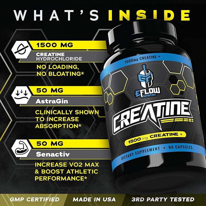 eFlow Creatine Capsules HCL Creatine Pills - Creatine Supplement for Men &amp Women Muscle Builder Endurance Strength with AstraGin and Senactiv (1500mg 90 Capsules)