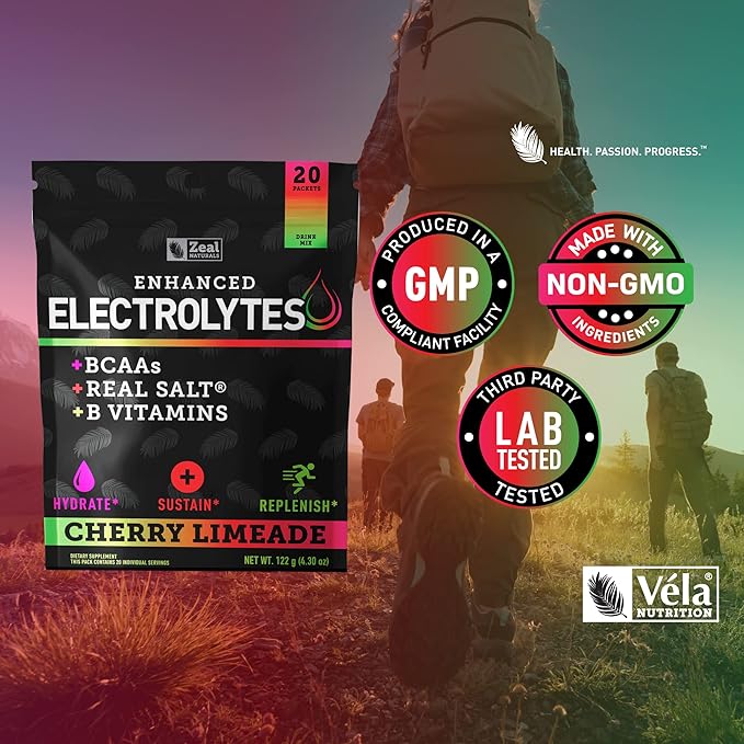 Enhanced Electrolyte Powder Stick Packs (Cherry Limeade | 20 Packets) w/ 0 Sugar +BCAAs +B-Vitamins Electrolyte Supplement w Potassium Zinc &amp Magnesium for Hydration - Keto Electrolytes