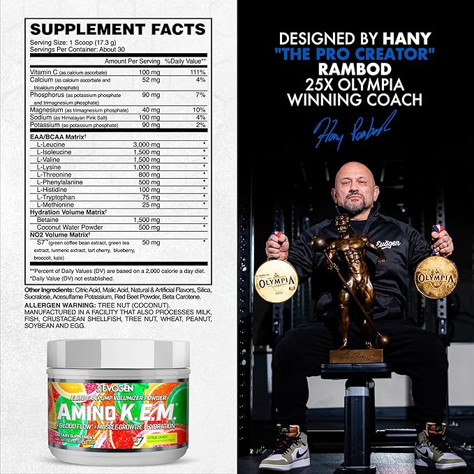 Evogen Amino K.E.M. - EAA &amp BCAA Powder Pump Volumizer | BCAAs Amino Acids Supplement for Blood Flow Muscle Growth &amp Hydration | Citrus Candy | 30 Servings