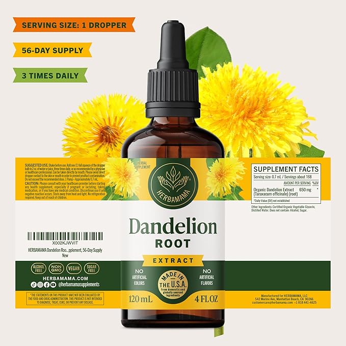 HERBAMAMA Dandelion Root Extract for Liver Cleanse – Lymphatic Drainage Drops – Dandelion Root Supplement – Non-GMO Alcohol &amp Sugar-Free Liver Support Supplement - 56-Day Supply