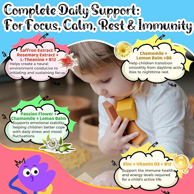 Q'ankyaq Kids Saffron Gummies Saffron Supplements for Kids (3 yrs+) Focus and Memory Gummiess Mood Balance with Rosemary Passion Flower Extract Chamomile Extract Sugar-Free Vegan 60 Counts