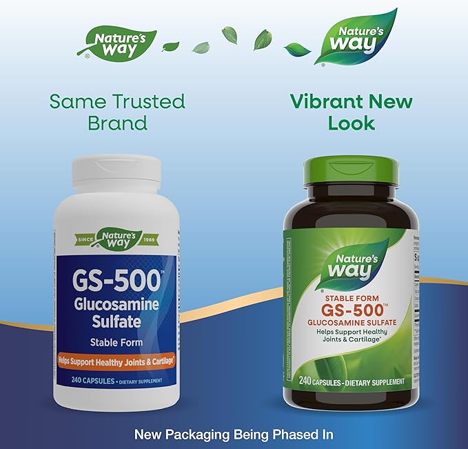 Nature's Way GS-500 Glucosamine Sulfate Stable Form Helps Support Healthy Joints &amp Cartilage* 500 mg Glucosamine per Capsule 240 Capsules (Packaging May Vary)