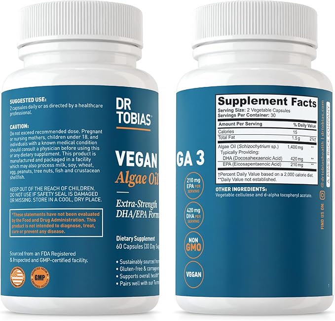 Dr. Tobias Vegan Omega 3 Algae Oil and Magnesium Bisglycinate Essential Wellness Support for Heart Brain Muscle and Bone Health Non-GMO Vegan