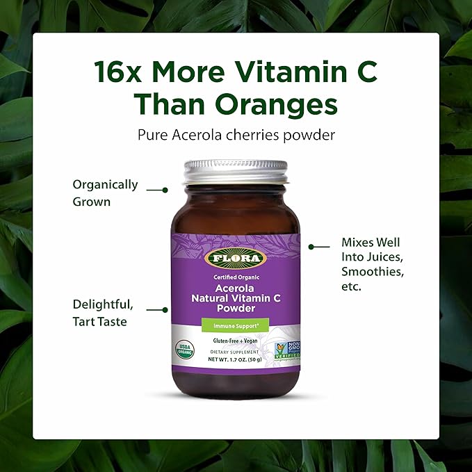 Flora Acerola Powder - Vitamin C &amp Antioxidants - Immune Support Supplement - Organic Non-GMO &amp Vegan - 1.7 oz. Glass Bottle