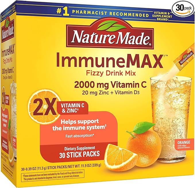 Nature Made ImmuneMAX Fizzy Drink Mix with Vitamin C Vitamin D and Zinc Supplement for Immune Support Fast Absorption 30 Stick Packs 0.4 Ounce