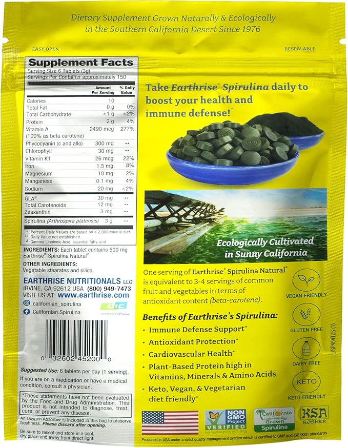 Earthrise Spirulina Pure Californian Spirulina 500 mg Vegan Gluten Free Keto Friendly Non -GMO Super Food high in Vitamins &amp Minerals. 1 LB Tablets (150 Serving)