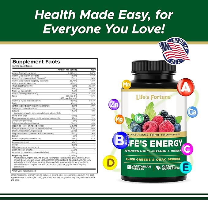 Life's Energy Advanced Daily Multivitamin for Men &amp Women Energy and Immune Support Supplement with Super Greens Antioxidants Enzymes - Iron Free Vegetarian 60 Tablets by Life's Fortune