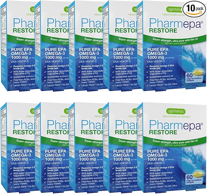 Igennus Pharmepa Restore Pure EPA 1000mg Omega 3 rTG Fish Oil IFOS Certified High Absorption 90% Concentration Triple Strength Wild &amp Sustainable Lemon Flavor 10-Month Supply Pack of 10