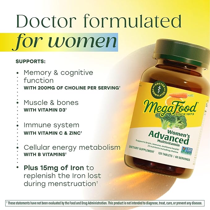MegaFood Women's Advanced Multivitamin for Women - Doctor-Formulated With Iron Choline Vitamin D Vitamin C &amp Zinc - Brain Health - Immune Support - Non-GMO - Vegetarian - 60 Tabs (30 Servings)