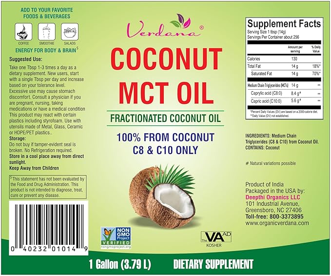 Verdana MCT Oil Fractionated 100% from Coconut - 1 Gallon - Kosher Food Grade Vegan Non-GMO - Great for Keto and Paleo Diet (128 Fl Oz)