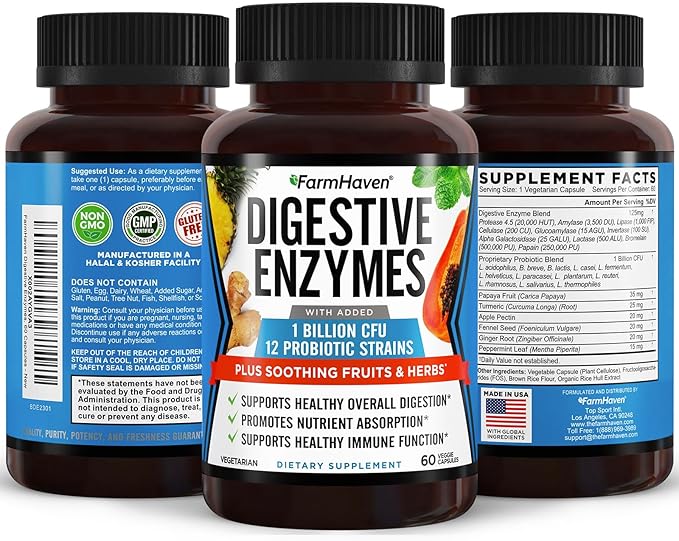 FarmHaven Digestive Enzymes with 18 Probiotics &amp Herbs | Papaya Bromelain Protease &amp More for Lactose Absorption &amp Better Digestion | Helps Bloating Gas Constipation | Vegetarian 120