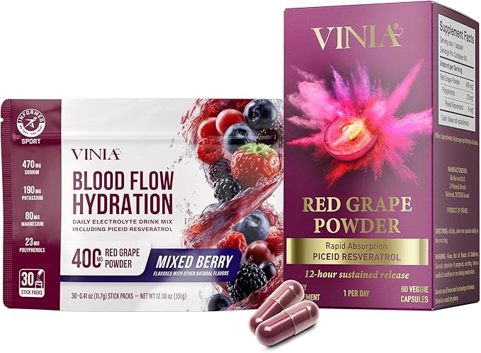 VINIA Piceid Resveratrol Supplement + Electrolyte Hydration Powder Mix Berry | Blood Flow Heart &amp Circulation Support | 60 Caps + 30 Sticks