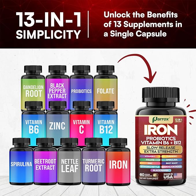 Iron Supplement Slow Release Iron Probiotics Spirulina Turmeric Vitamin B6 Methylated B12 Vitamin C Zinc Beetroot Nettle Leaf Dandelion Root Black Pepper Extra Strength 60 Capsules 3Pack
