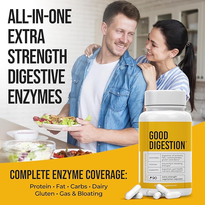 Extra Strength Digestive Enzymes | All-in-One Formula | Fast Bloating &amp Gas Relief | Digestion Relief for Carbs Fat Protein Gluten Dairy | Supports Gut Health | 90 Capsules