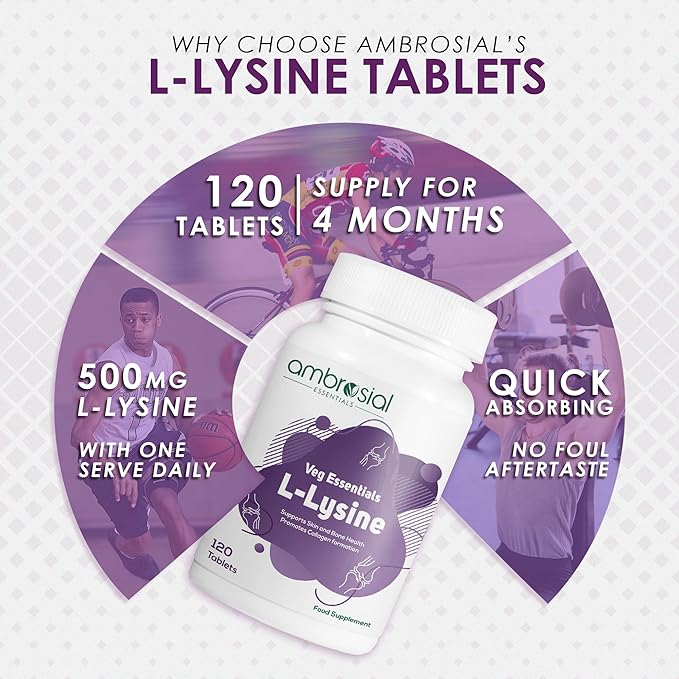 AMBROSIAL L-lysine | High Strength L-lysine Tablets 500mg (Pack of 1-120 Tablets)