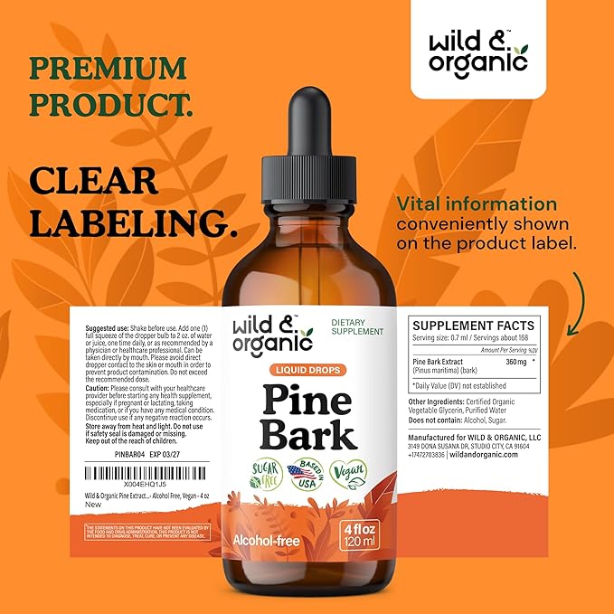 Wild &amp Organic Pine Bark Drops - Antioxidant Support - French Maritime Pine Bark Extract Tincture - 5-Month Supply - Pinus Pinaster Supplement - Vegan Sugar &amp Alcohol-Free - 4 fl oz