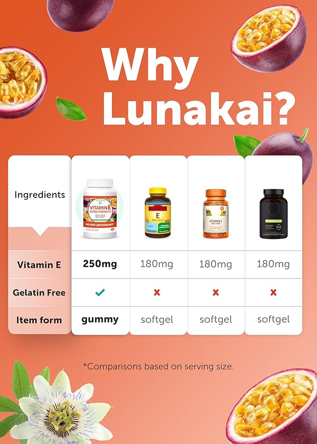 Lunakai Vitamin E Gummies with Vitamin C - Tastiest Proprietary Formula - 250mg (400IU) VIT E - Antioxidant Skin &amp Eye Health Support Non-GMO Vegan Supplement - 6 Pack