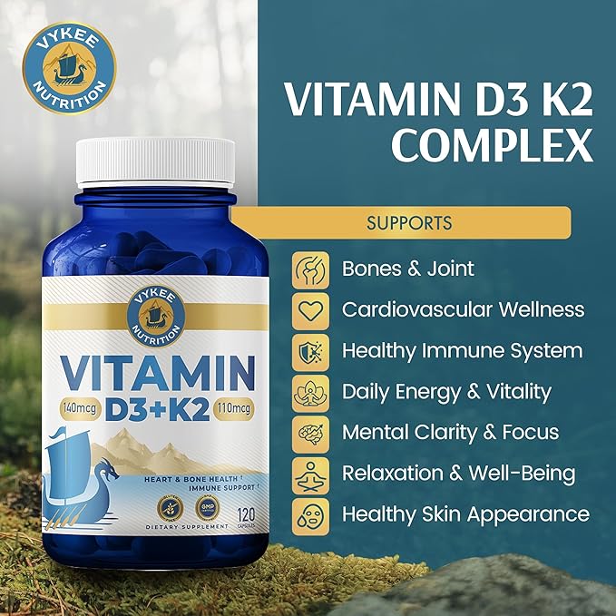 Vykee Nutrition Vitamin D3 K2 Complex - High Potency 140 mcg D3 Vitamin and 110mcg Vitamin K2 (MK-7) - Vegan Supplement for Bone and Heart Support Non-GMO Gluten-Free - 120 Count