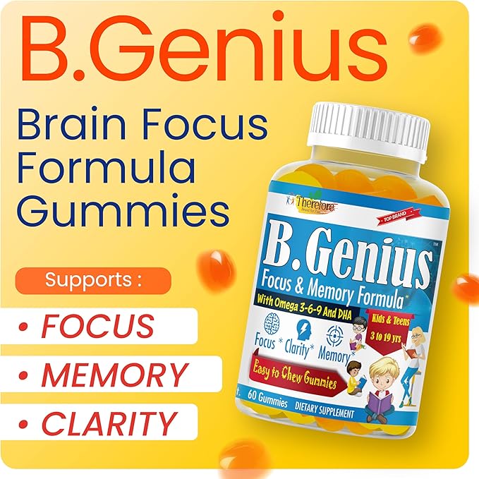 B.Genius Focus Gummies for Kids &amp Teens – Kids Focus and Attention Supplements – Memory &amp Concentration –Plant-Based Focus Supplement for Clarity Learning &amp Cognitive Health-60ct