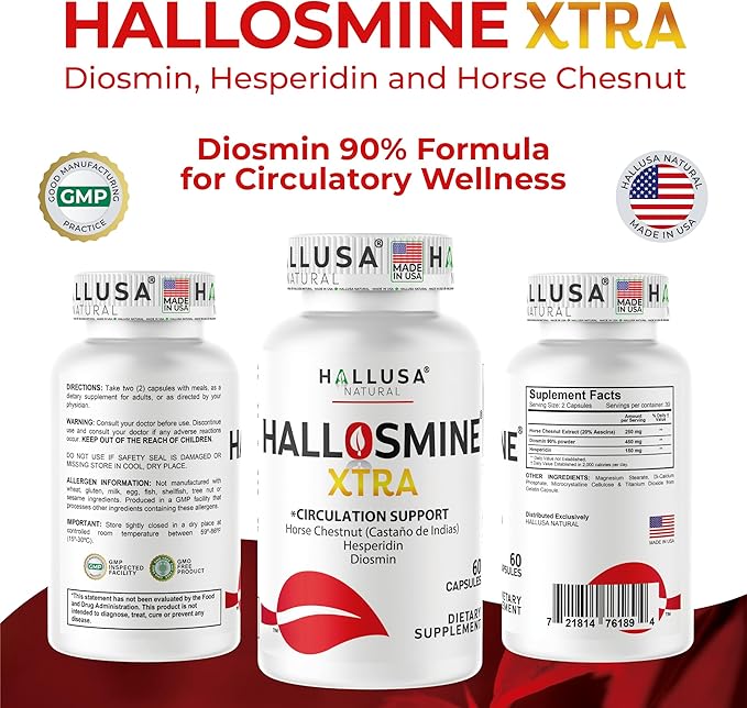 Hallosmine Xtra - Circulation &amp Vein Support Diosmin Horse Chesnut &amp Hesperidin 850mg + FREE Leg Cream | Leg Circulation Varicose Veins Spider Veins Hemorrhoids Blood Flow | 60 capsules