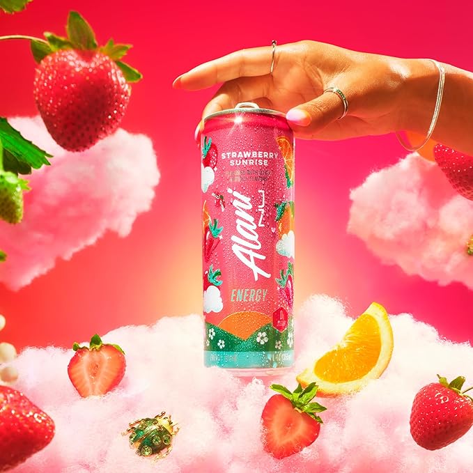 Alani Nu STRAWBERRY SUNRISE Sugar Free Low Calorie Energy Drinks 200mg Caffeine Biotin B Vitamins Zero Sugar 10 Calories 12 Fl Oz Cans 24 Pack