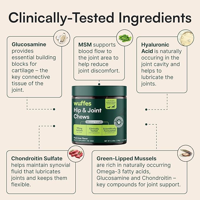 Wuffes Advanced Dog Hip and Joint Supplement with Glucosamine Chondroitin Omega 3 MSM and Green Lipped Mussel 60 Pork Flavored Chews for Small and Medium Dog Breeds
