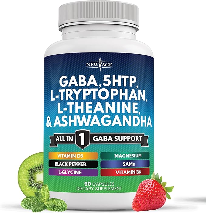 NEW AGE GABA 750mg 5 HTP 200mg L Tryptophan 500mg L Theanine 200mg Ashwagandha SAM-e L-Glycine - Vitamins for Women and Men with 5-HTP (5-Hydroxytryptophan) - 90 Count