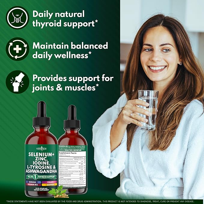 Thyroid Support Drops - Selenium Zinc Iodine L Tyrosine Ashwagandha Turmeric Schisandra Guggu Cayenne Basil - Liquid Supplement Folate Copper Alcohol -Free Vegan Non-GMO – 4 oz