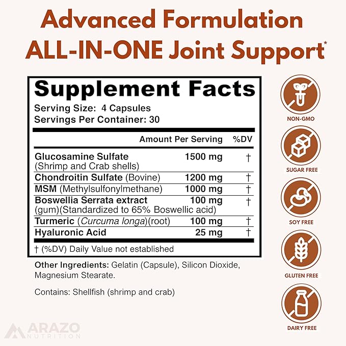 Arazo Nutrition Glucosamine Chondroitin Turmeric Msm Boswellia - Joint Support Supplement for Relief 120 Capsules for Bones Back Knees Hands (120 Capsules)