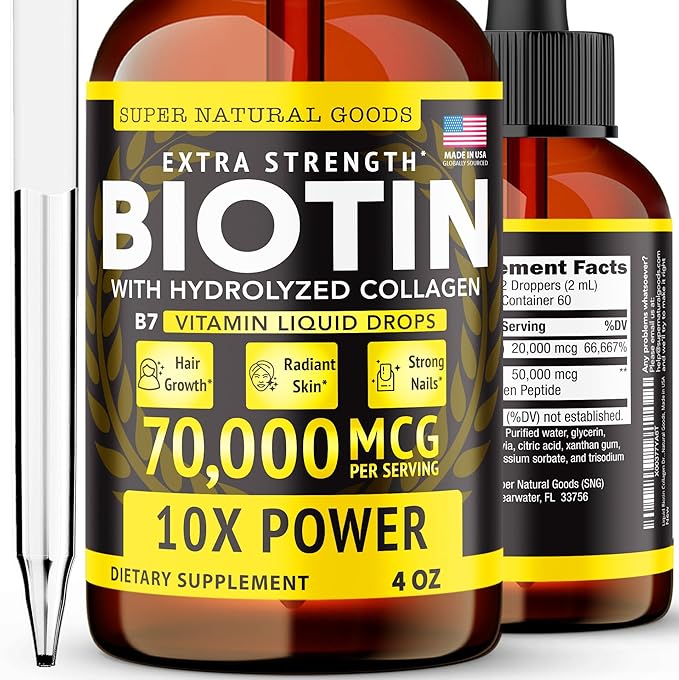 Super Natural Goods Liquid Biotin &amp Collagen 70000mcg Hair Growth Vitamin Drops - Radiant Skin Strong Nail Support - High Potency Hair Loss Supplement for Damaged Strands for Men &amp Women (4