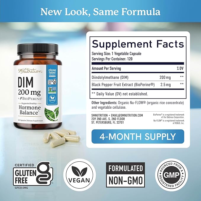 DIM Supplement 200 mg (120 Ct) | Estrogen Balance for Women &amp Men | Hormone Balance Hormonal Acne Supplements Menopause Antioxidant &amp PMS Support | Non-GMO Vegan Soy Free | 4 Month Supply