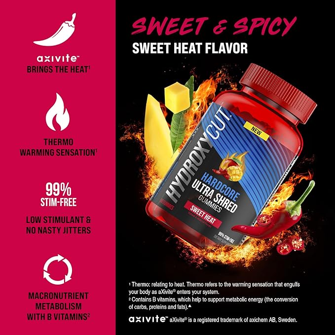 Hydroxycut Hardcore Ultra Shred Gummies Sweet Heat - 99% Stimulant Free - Includes Capsaicin &amp B Vitamins - For Women &amp Men