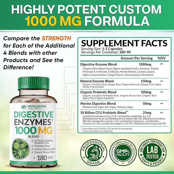 Wholesome Wellness Digestive Enzymes 1000MG Plus Prebiotics &amp Probiotics Supplement + Super-Absorb Multi Collagen Pills (Type I II III V X) Organic Herbs and Bioperine Bundle