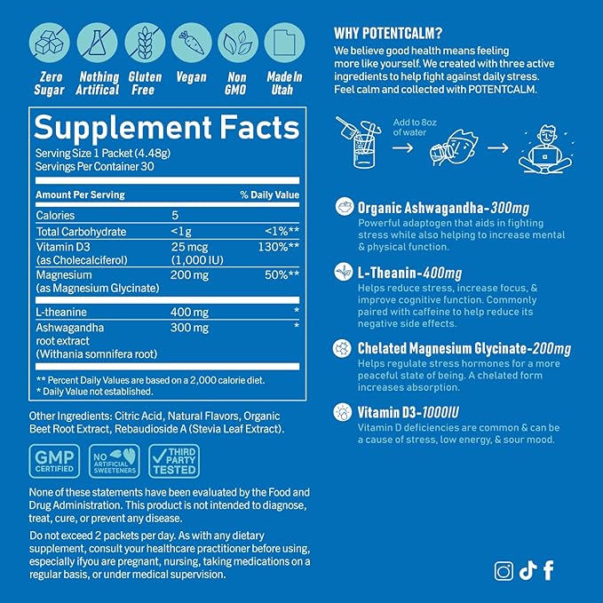 PotentCalm Super Cortisol Drink Magnesium Glycinate Powder L-theanine Ashwagandha Vitamin D No Sugar Raspberry Lemonade Electrolytes Powder - 30 Servings