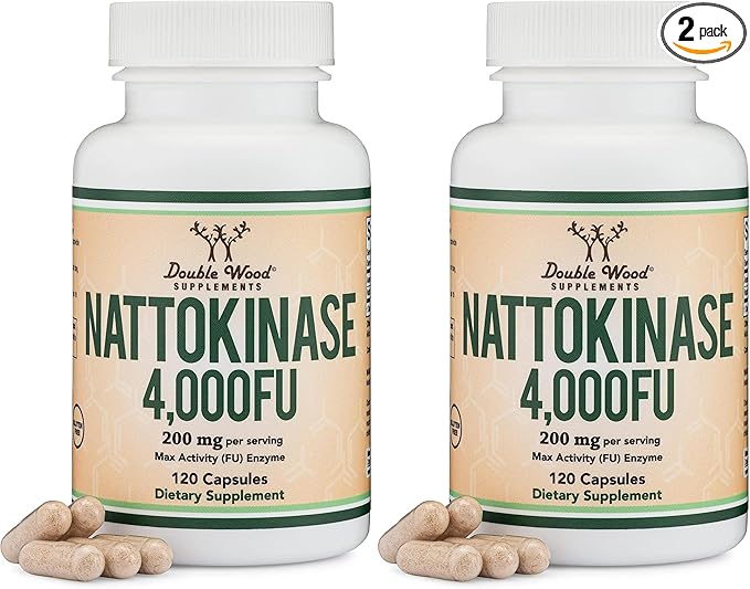 Nattokinase Supplement 4000 FU Servings 120 Capsules (Derived from Japanese Natto) Systemic Enzymes for Cardiovascular and Circulatory Support by Double Wood (Pack of 2)