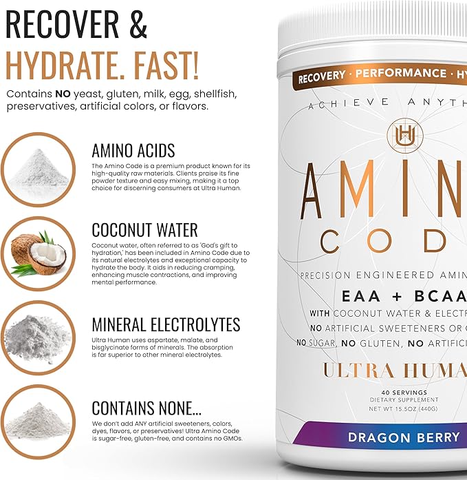Ultra Human Amino Code | Essential Amino Acids + BCAAs + Coconut Water Electrolytes | Fast Hydration Workout Recovery Flavored Amino Energy Powder Drink | Clean Formula 40 Servings - Dragonberry