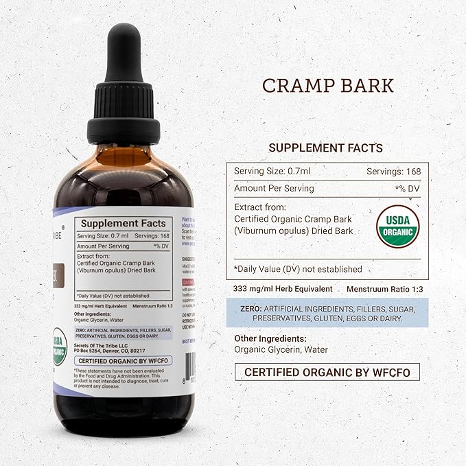 Secrets of the Tribe Cramp Bark USDA Organic | Alcohol-Free Extract High-Potency Herbal Drops | Made from 100% Certified Organic Cramp Bark (Viburnum Opulus) Dried Bark (4 FL OZ)