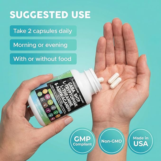 Clean Nutraceuticals GABA 750mg 5 HTP 200mg L Tryptophan 500mg L Theanine 200mg Ashwagandha SAM-e L-Glycine - Mood Support Vitamins for Women and Men with L-Tyrosine 5-HTP (5-Hydroxytryptophan)