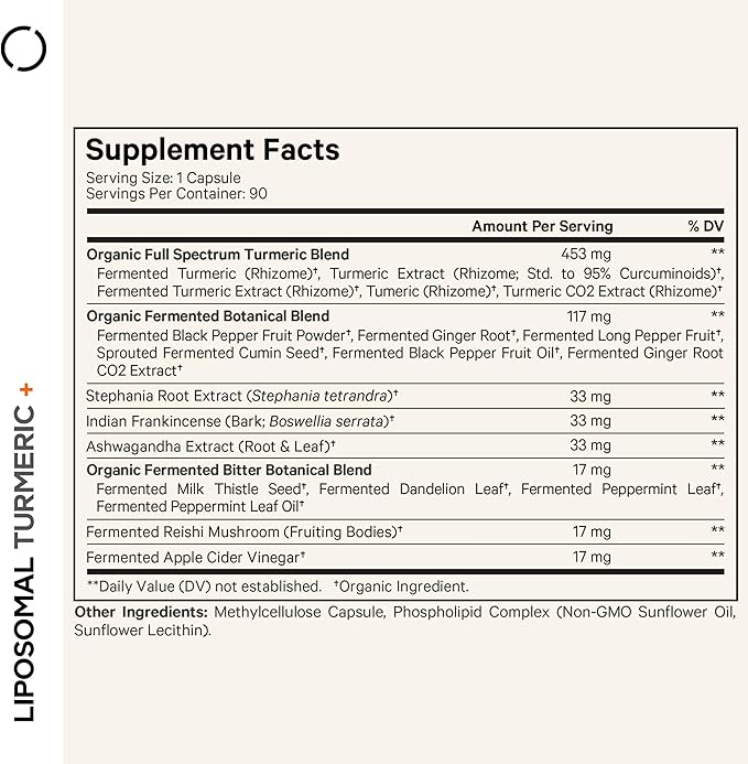 Codeage Organic Turmeric Supplement - 95% Curcumin Extract Pills - Liposomal Fermented Botanical Blend Black Pepper Ashwagandha Ginger Stephania Boswelia Cumin Digestive Bitters - 90 Capsules