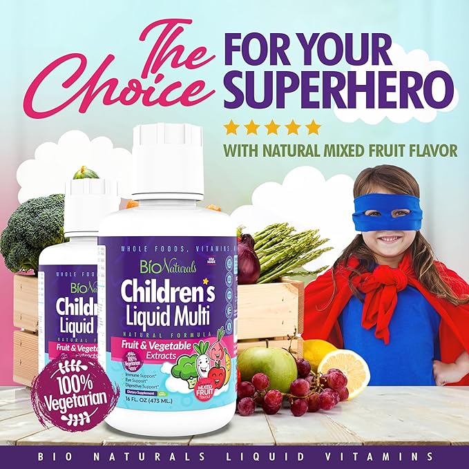 Bio Naturals Children's Liquid Multivitamin &amp Immune Booster - Natural Supplement for Kids &amp Toddlers with Vitamins A B C D3 E Fiber Fruits &amp Vegetables - No GMOs Gluten Sugar Dairy