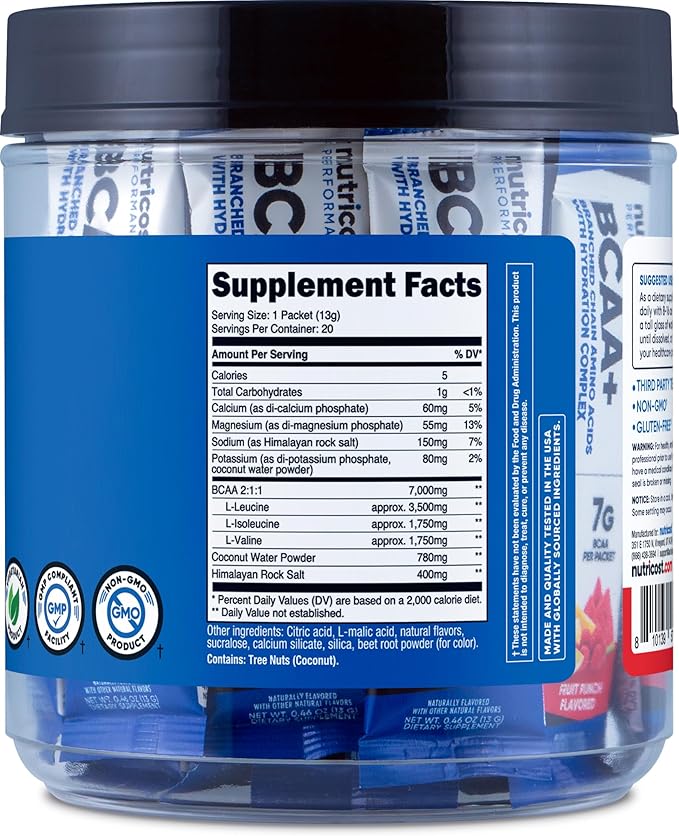 Nutricost BCAA+ Hydration Fruit Punch Flavor (20 Stickpacks) - Branched Chain Amino Acids with Hydration Complex - Gluten-Free Non-GMO