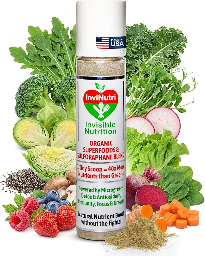 InviNutri Superfood Powder for Sensory &amp Picky Eaters. A TINY scoop- 40x Nutrient-Rich 30mg Sulforaphane for Detox. Organic Microgreens Fruits &amp Veggies - Blends Invisibly into Most Meals -