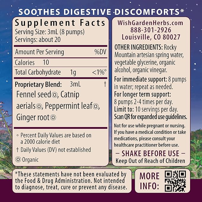 WishGarden Herbs Digestive Rescue Organic Herbal Tincture Ginger Fennel Peppermint Soothes Bloating Gas Nausea Stomach Relief Liquid Drops 4 oz