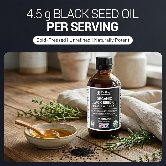 Dr. Berg Black Seed Oil Organic Cold Pressed – Pure Nigella Sativa Black Cumin Oil – USDA Organic Halal Vegan – for Hair Skin Immune Support – Unrefined Liquid – 4 oz Glass Bottle