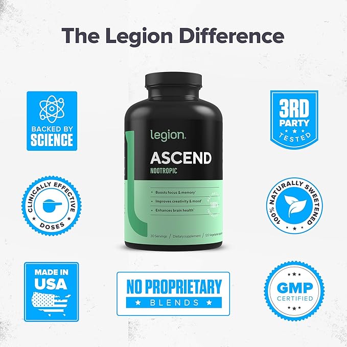 LEGION Athletics Ascend Nootropic - All-Natural Brain Supplements for Memory and Focus - Nootropics Brain Support Supplement with Alpha-GPC - Brain Supplement for Alertness &amp Mood Support 30 Serv